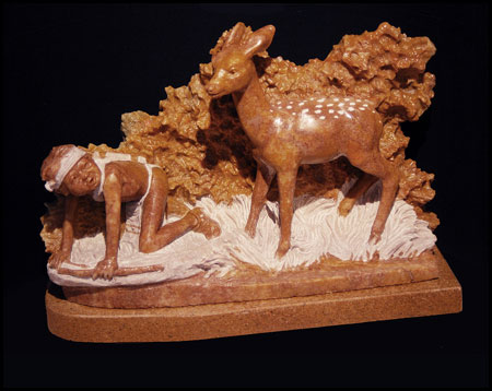 "A Hunting Story" Utah Alabaster Sculpture by Alvin Marshall of Rowe Gallery