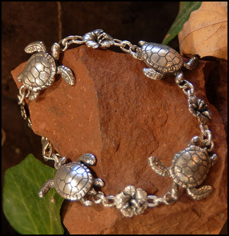 "Sea Turtle & Hibiscus Bracelet" Sterling Silver Jewelry by Cherie Danielle of Rowe Gallery