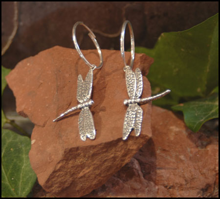 "Single Dragonfly Hoop Earrings" Sterling Silver Jewelry by Cherie Danielle of Rowe Gallery