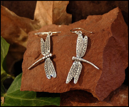 "Single Dragonfly Wing  Dangle Earrings" Sterling Silver Jewelry by Cherie Danielle of Rowe Gallery