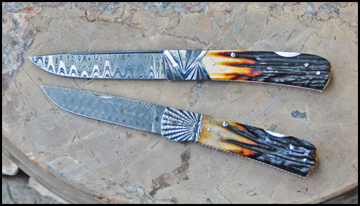 Carved Mike Norris & Carved Robert Eggerling by Ken Steigerwalt Damascus Knives Artist of Rowe Gallery