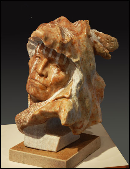 “Wolf Speaks” (12.5”Hx8”Wx10”D)  in Utah Alabaster by Alvin Marshall of Rowe Gallery
